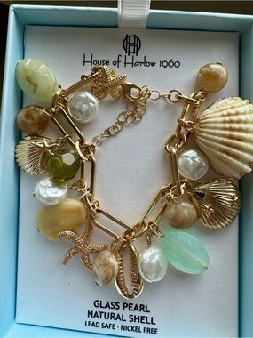 House of Harlow 1960 Gold Charm Bracelet with Cream, Pearl & Mint Accents